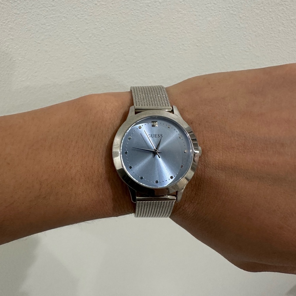 Guess Silver Mesh Watch with Sky Blue Face